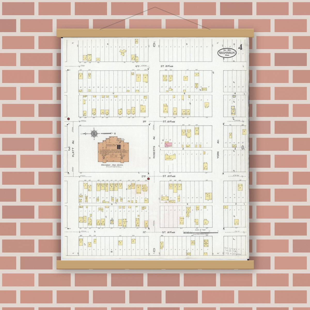 Old map wall art mockup — magnetic wood frame on brick wall — Sanborn Fire Insurance Map from Nashwauk, Itasca County, Minnesota (1921), Sheet #0004