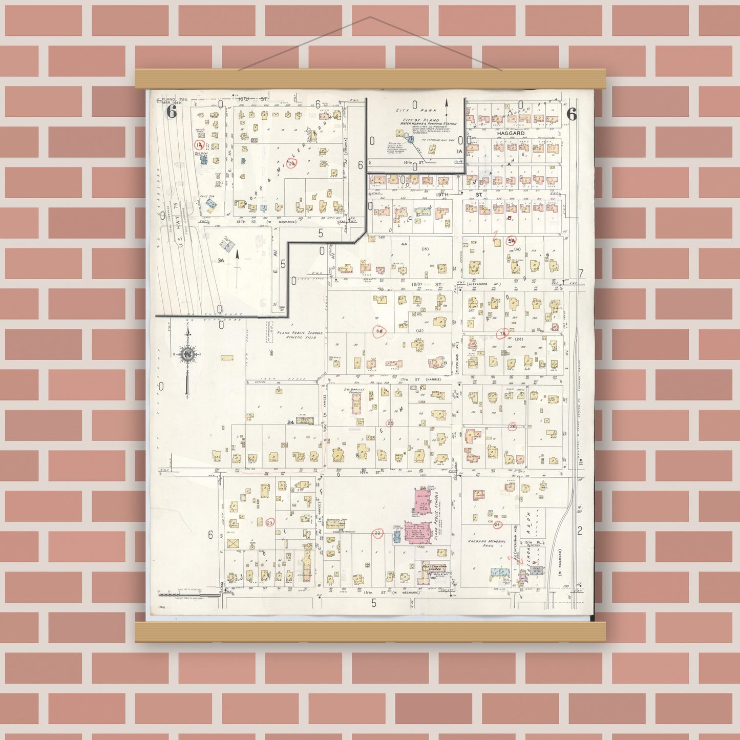 Old map wall art mockup — magnetic wood frame on brick wall — Sanborn Fire Insurance Map from Plano, Collin County, Texas (1961), Sheet #0006
