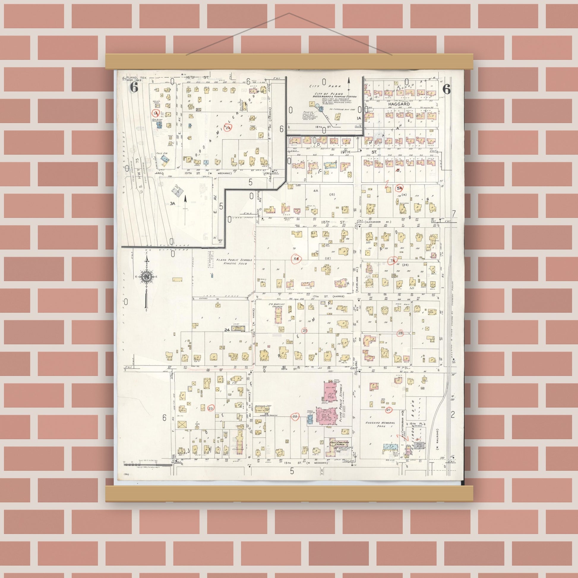 Old map wall art mockup — magnetic wood frame on brick wall — Sanborn Fire Insurance Map from Plano, Collin County, Texas (1961), Sheet #0006