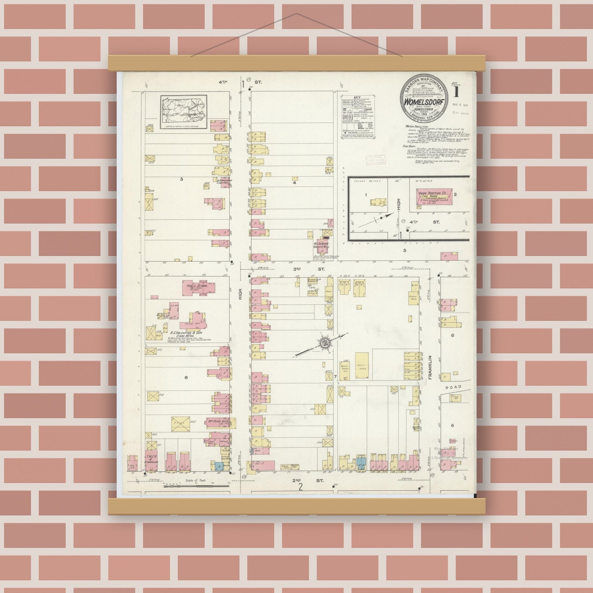 Old map wall art mockup — magnetic wood frame on brick wall — Sanborn Fire Insurance Map from Womelsdorf, Berks County, Pennsylvania (1913) - Complete Map Set