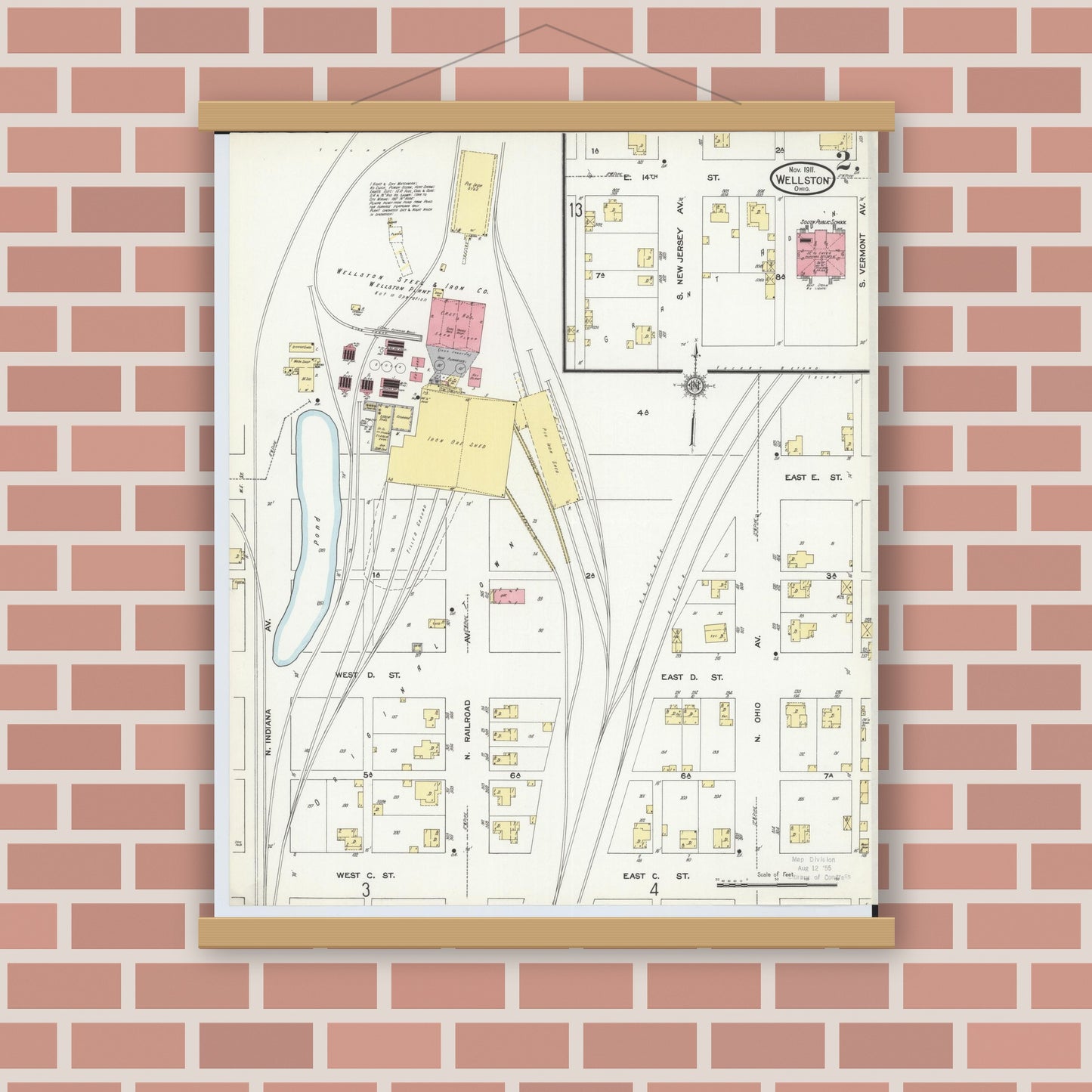 Old map wall art mockup — magnetic wood frame on brick wall — Sanborn Fire Insurance Map from Wellston, Jackson County, Ohio (1911), Sheet #0002