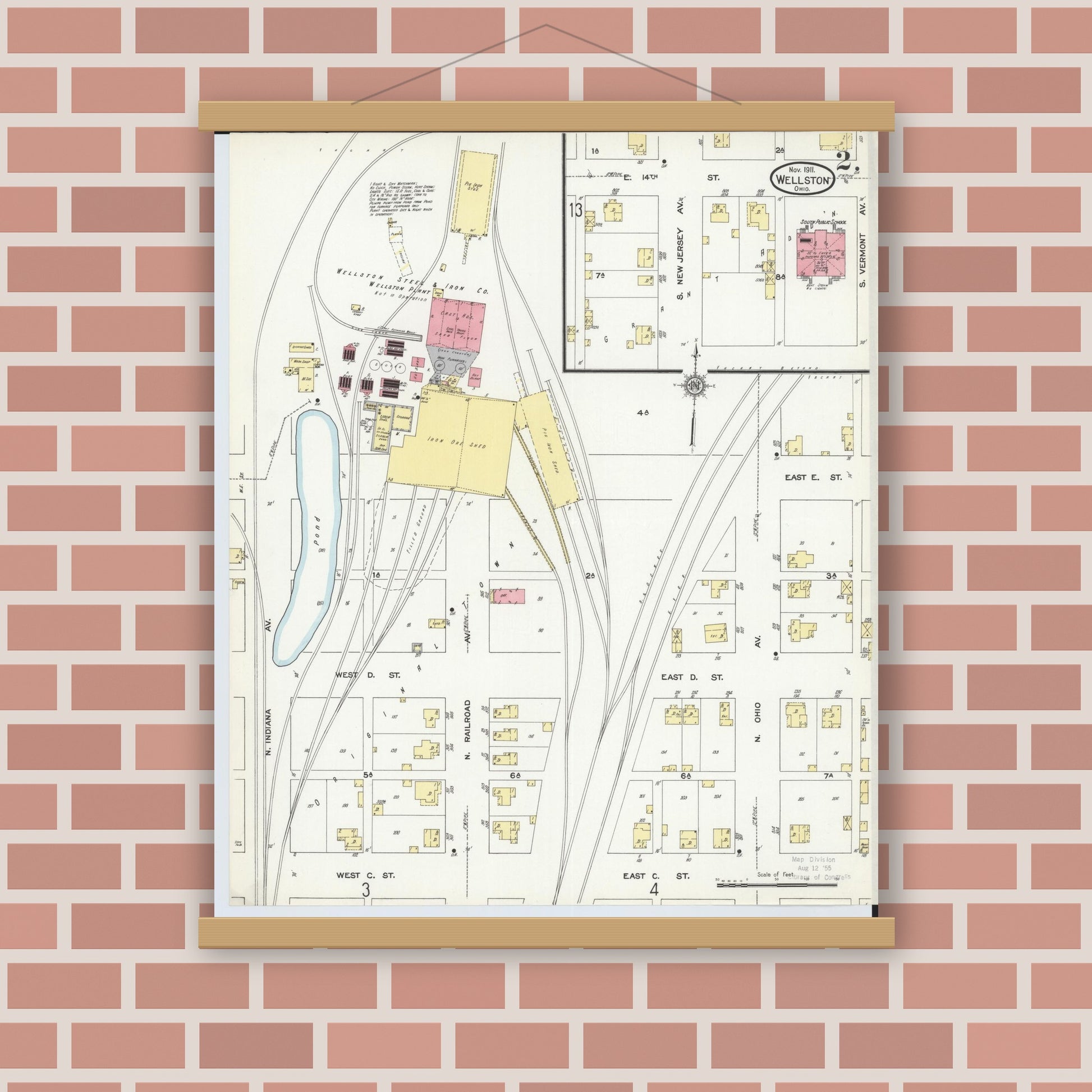 Old map wall art mockup — magnetic wood frame on brick wall — Sanborn Fire Insurance Map from Wellston, Jackson County, Ohio (1911), Sheet #0002