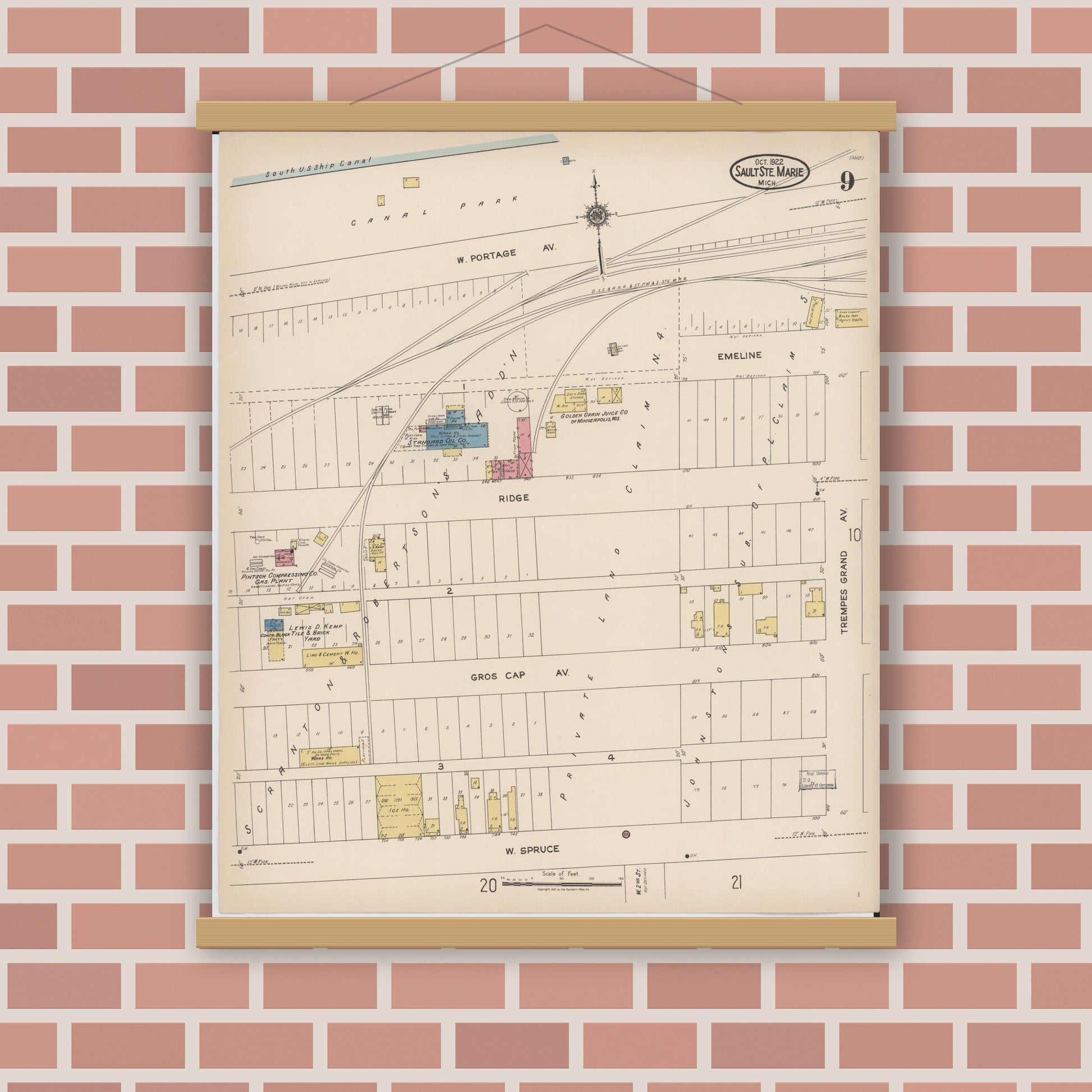 Old map wall art mockup — magnetic wood frame on brick wall — Sanborn Fire Insurance Map from Sault Sainte Marie, Chippewa County, Michigan (1922), Sheet #0009
