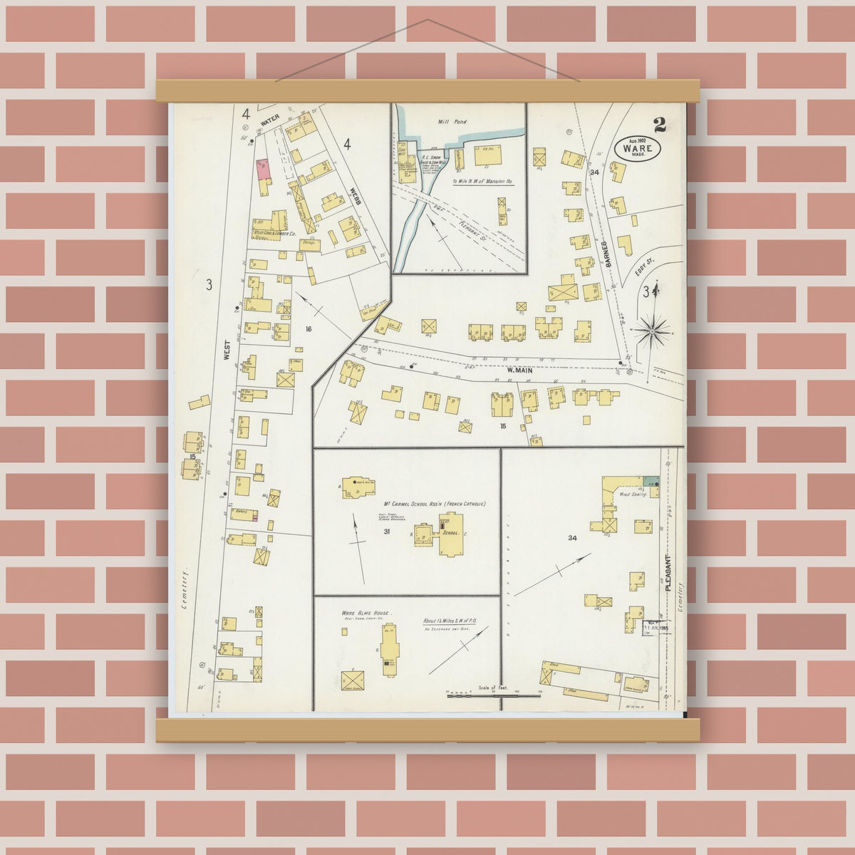 Old map wall art mockup — magnetic wood frame on brick wall — Sanborn Fire Insurance Map from Ware, Hampshire County, Massachusetts (1902), Sheet #0002