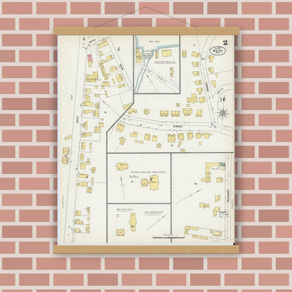 Old map wall art mockup — magnetic wood frame on brick wall — Sanborn Fire Insurance Map from Ware, Hampshire County, Massachusetts (1902), Sheet #0002