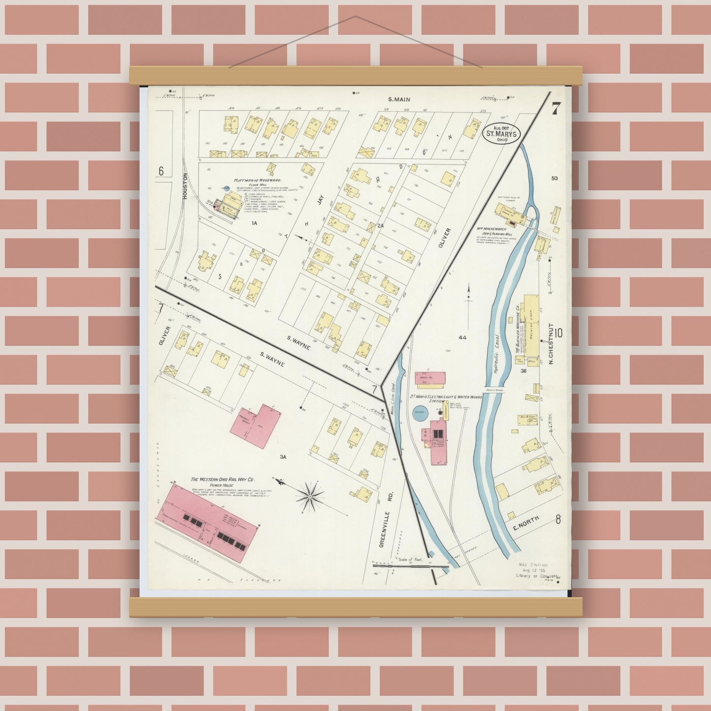 Old map wall art mockup — magnetic wood frame on brick wall — Sanborn Fire Insurance Map from Saint Marys, Auglaize County, Ohio (1907), Sheet #0007
