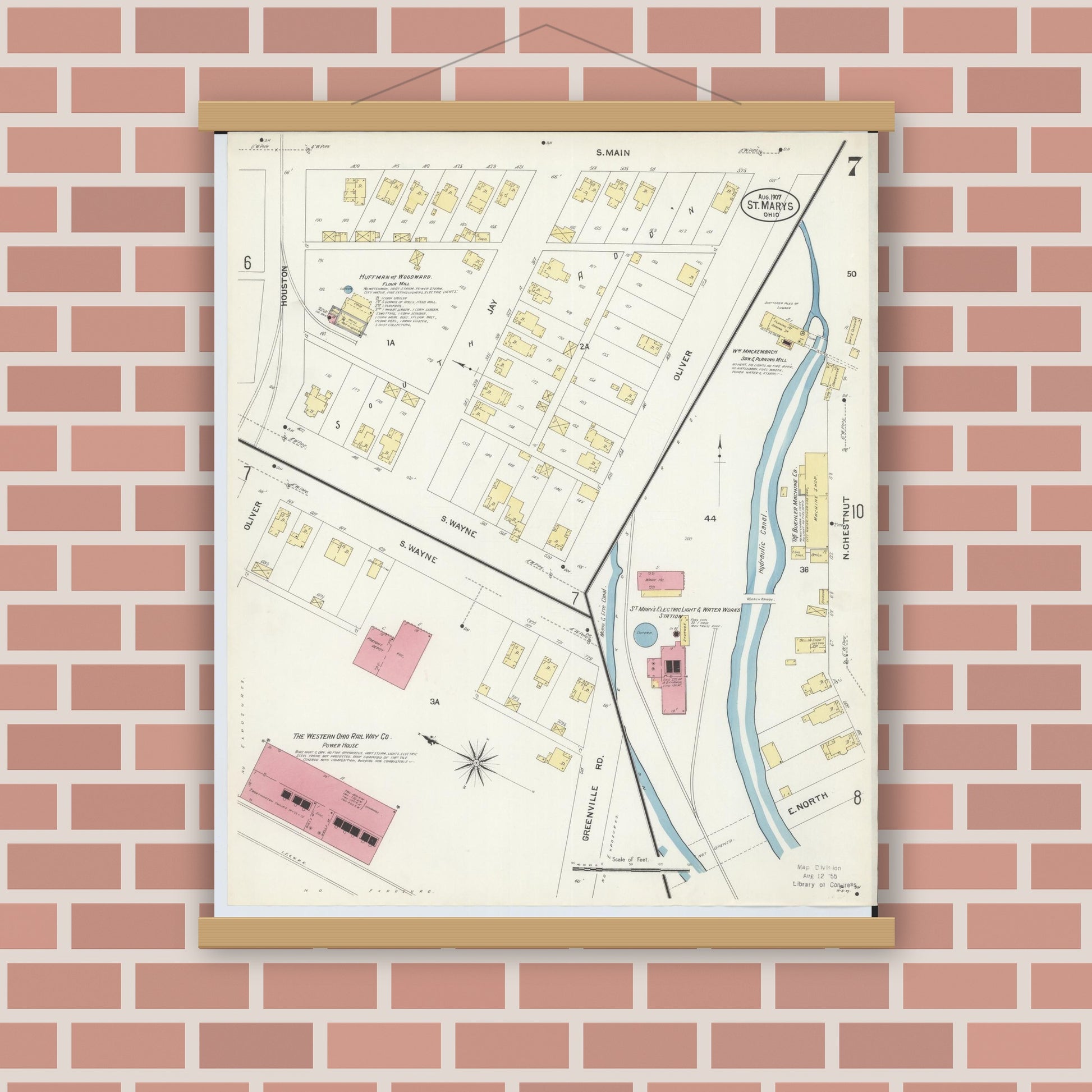 Old map wall art mockup — magnetic wood frame on brick wall — Sanborn Fire Insurance Map from Saint Marys, Auglaize County, Ohio (1907), Sheet #0007