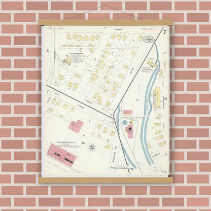 Old map wall art mockup — magnetic wood frame on brick wall — Sanborn Fire Insurance Map from Saint Marys, Auglaize County, Ohio (1907), Sheet #0007