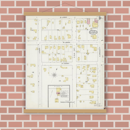 Old map wall art mockup — magnetic wood frame on brick wall — Sanborn Fire Insurance Map from Sherman, Grayson County, Texas (1892), Sheet #0009