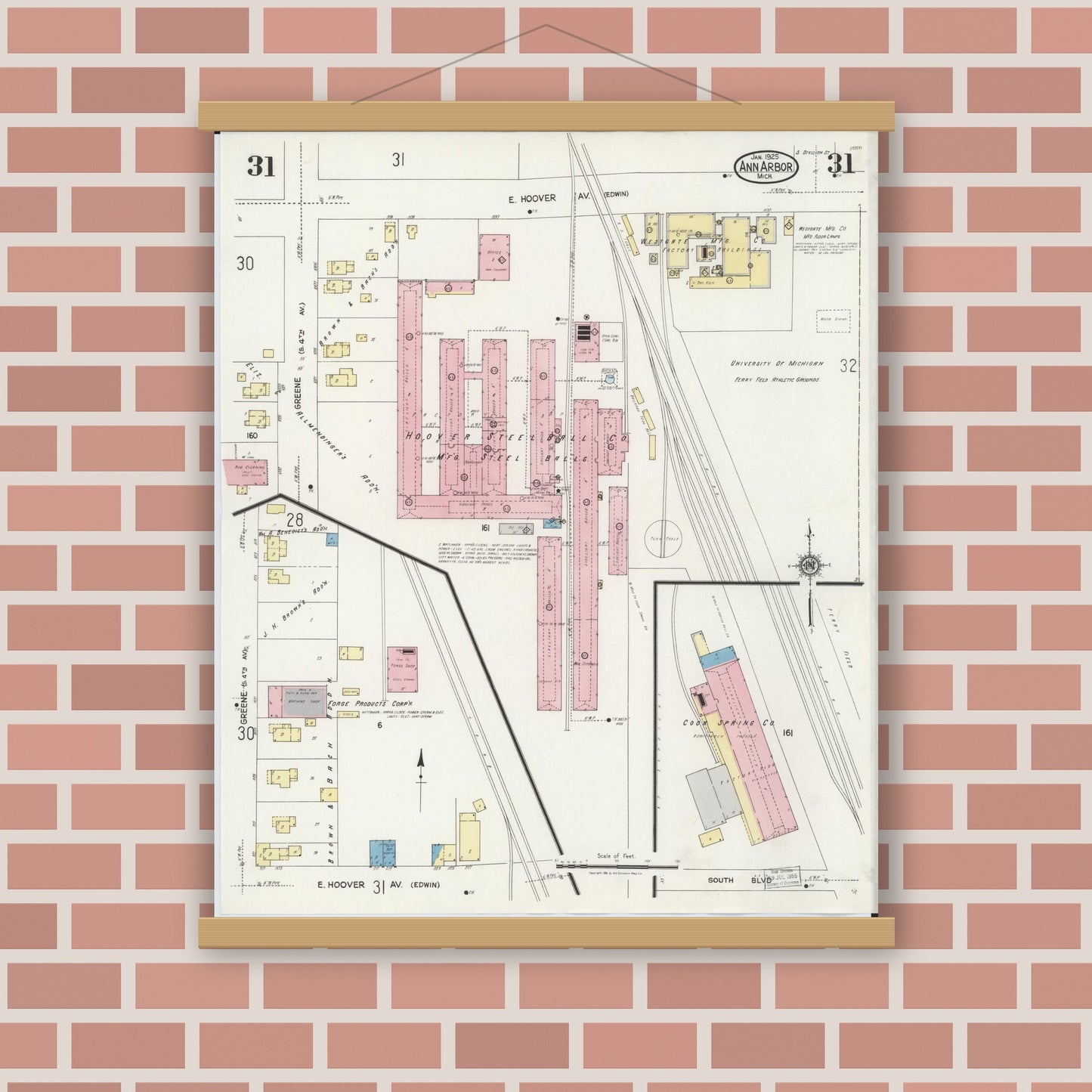 Old map wall art mockup — magnetic wood frame on brick wall — Sanborn Fire Insurance Map from Ann Arbor, Washtenaw County, Michigan (1925), Sheet #0031