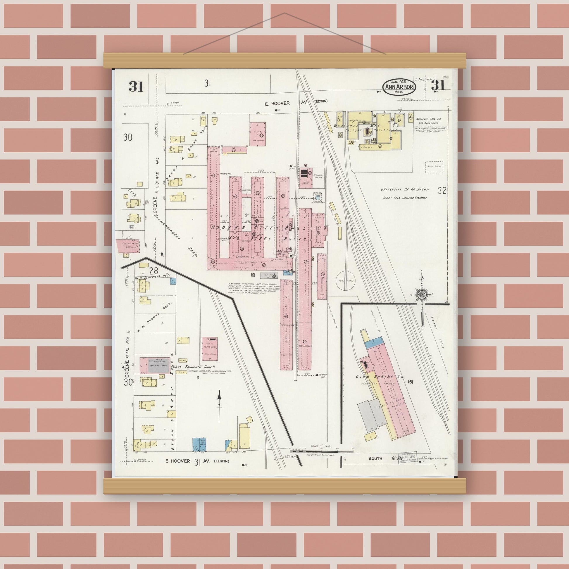 Old map wall art mockup — magnetic wood frame on brick wall — Sanborn Fire Insurance Map from Ann Arbor, Washtenaw County, Michigan (1925), Sheet #0031