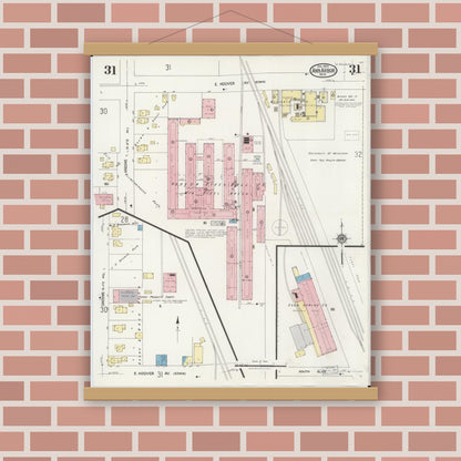 Old map wall art mockup — magnetic wood frame on brick wall — Sanborn Fire Insurance Map from Ann Arbor, Washtenaw County, Michigan (1925), Sheet #0031