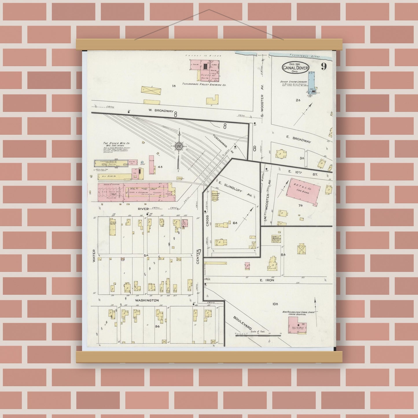 Old map wall art mockup — magnetic wood frame on brick wall — Sanborn Fire Insurance Map from Canal Dover, Tuscarawas County, Ohio (1914), Sheet #0009