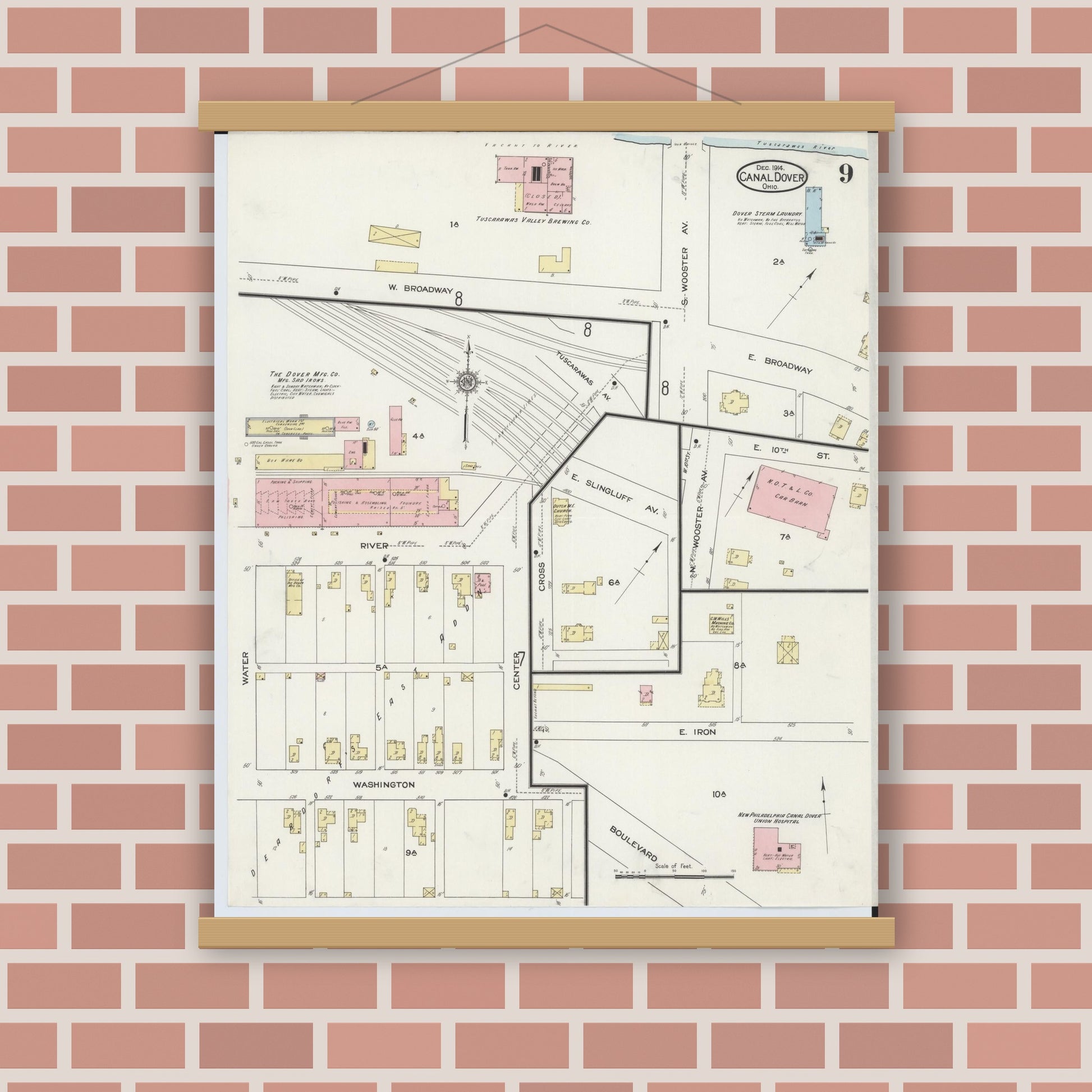 Old map wall art mockup — magnetic wood frame on brick wall — Sanborn Fire Insurance Map from Canal Dover, Tuscarawas County, Ohio (1914), Sheet #0009
