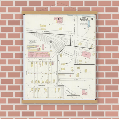 Old map wall art mockup — magnetic wood frame on brick wall — Sanborn Fire Insurance Map from Canal Dover, Tuscarawas County, Ohio (1914), Sheet #0009