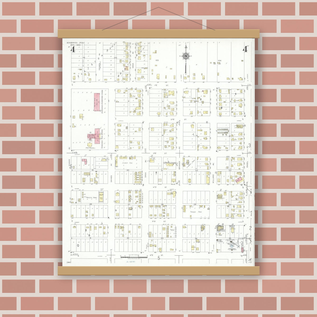 Old map wall art mockup — magnetic wood frame on brick wall — Sanborn Fire Insurance Map from Seagraves, Gaines County, Texas (1940), Sheet #0004