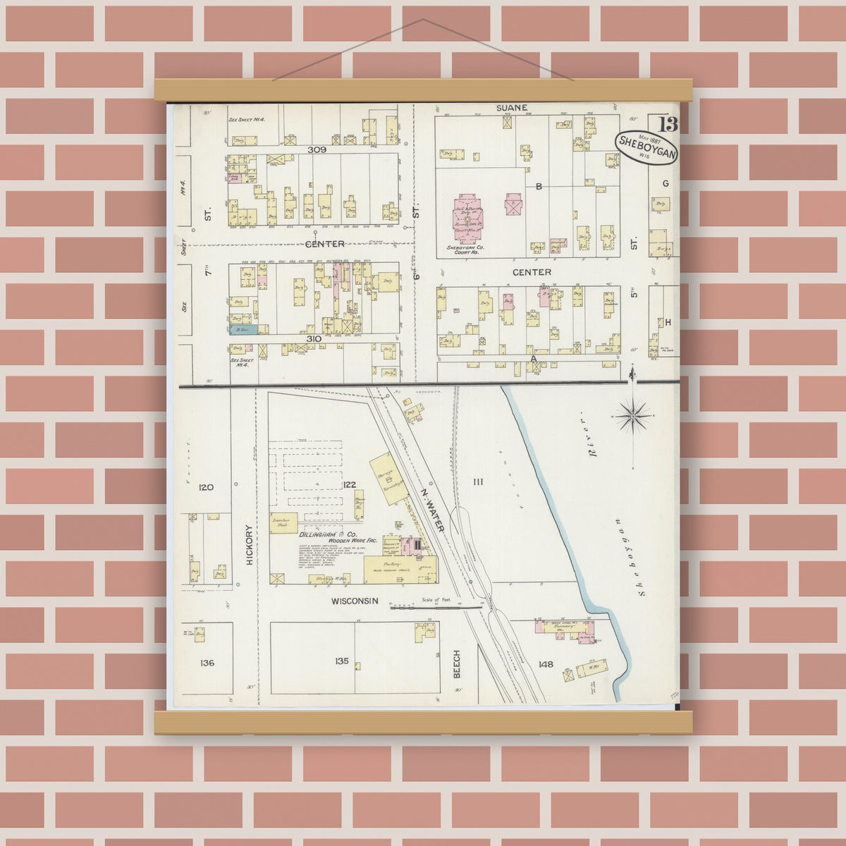 Old map wall art mockup — magnetic wood frame on brick wall — Sanborn Fire Insurance Map from Sheboygan, Sheboygan County, Wisconsin (1887), Sheet #0013