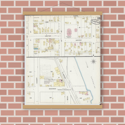 Old map wall art mockup — magnetic wood frame on brick wall — Sanborn Fire Insurance Map from Sheboygan, Sheboygan County, Wisconsin (1887), Sheet #0013