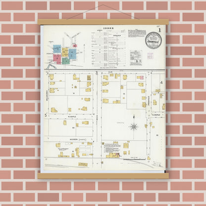 Old map wall art mockup — magnetic wood frame on brick wall — Sanborn Fire Insurance Map from Granville, Licking County, Ohio (1905) - Complete Map Set