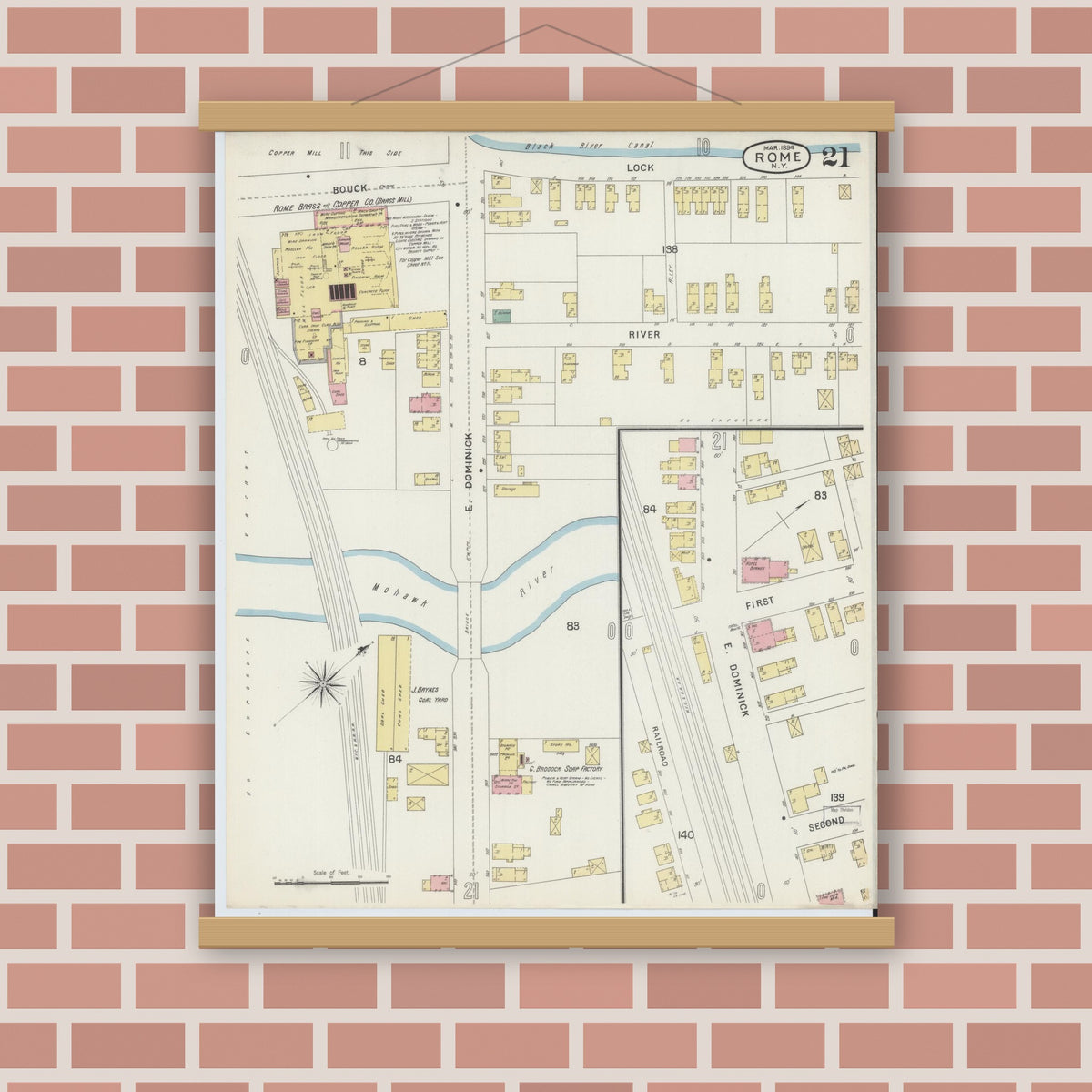 Old map wall art mockup — magnetic wood frame on brick wall — Sanborn Fire Insurance Map from Rome, Oneida County, New York (1894), Sheet #0021
