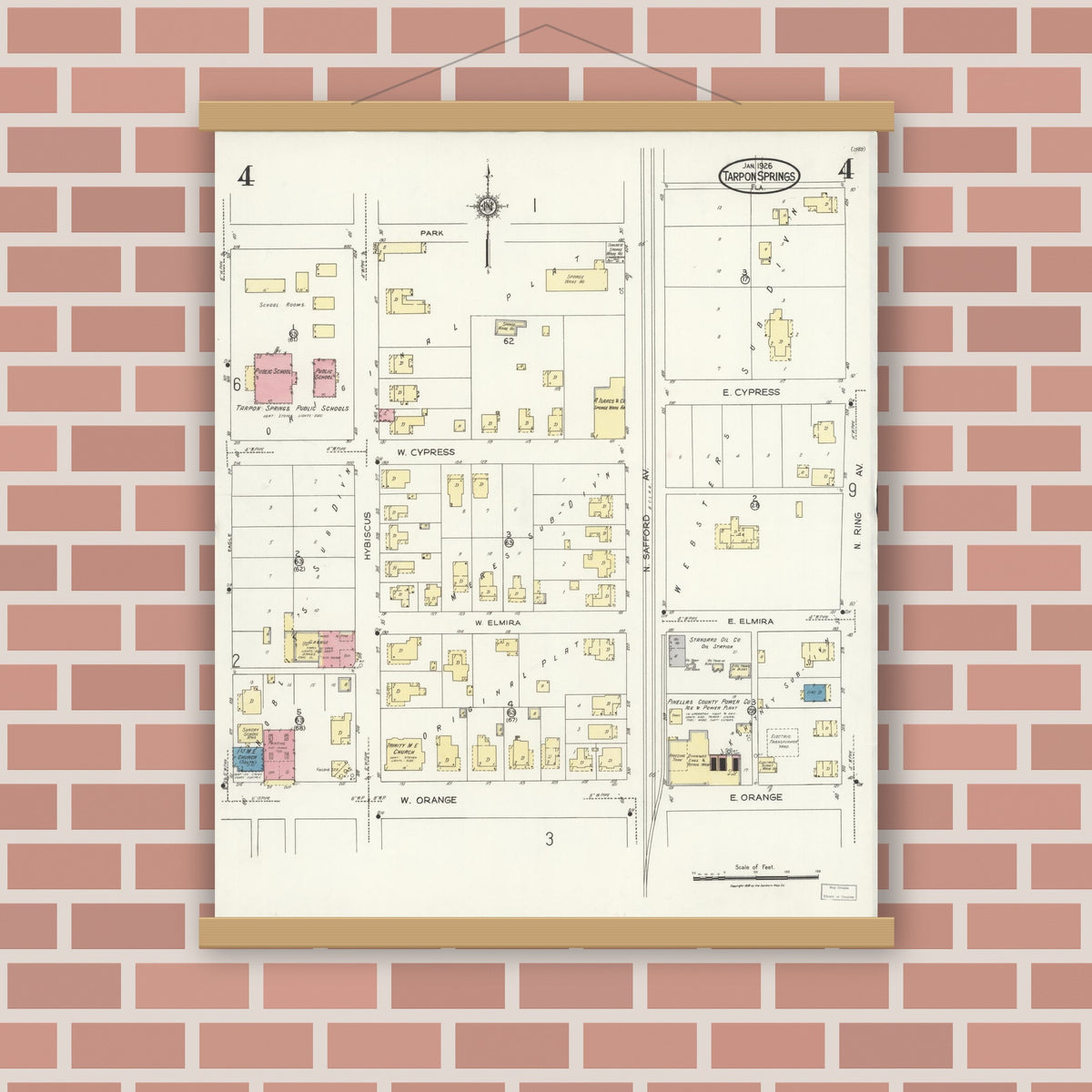 Old map wall art mockup — magnetic wood frame on brick wall — Sanborn Fire Insurance Map from Tarpon Springs, Pinellas County, Florida (1926), Sheet #0004