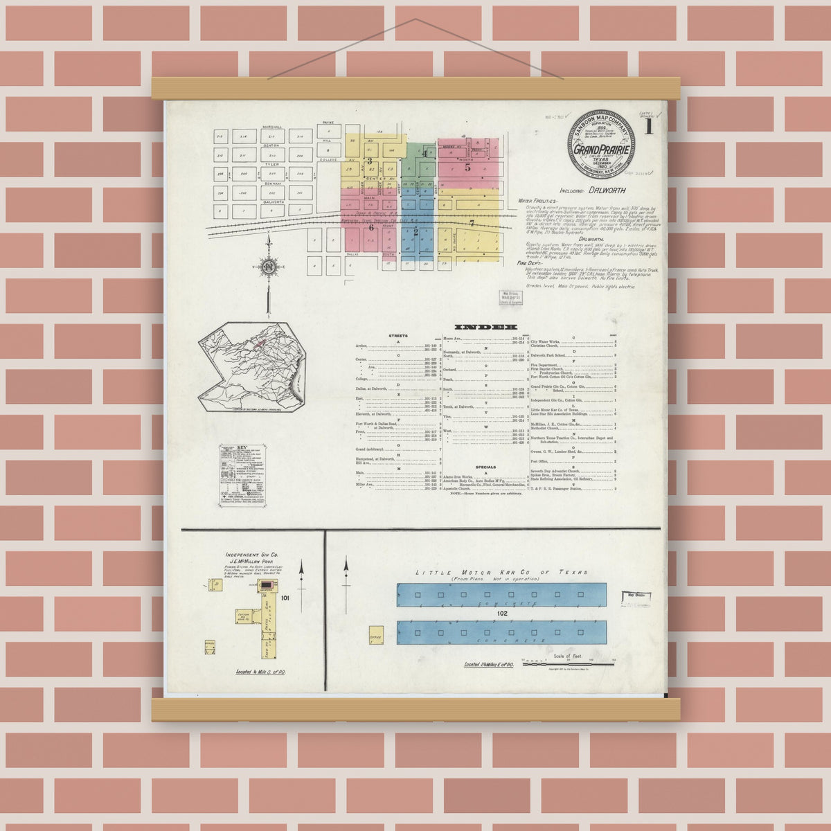 Old map wall art mockup — magnetic wood frame on brick wall — Sanborn Fire Insurance Map from Grand Prairie, Dallas County, Texas (1920) - Complete Map Set