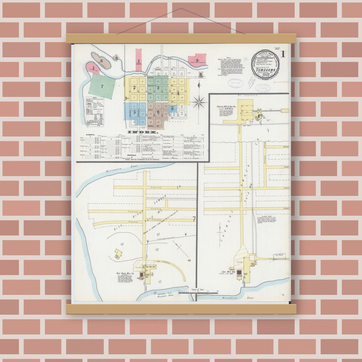 Old map wall art mockup — magnetic wood frame on brick wall — Sanborn Fire Insurance Map from Tomahawk, Lincoln County, Wisconsin (1898), Sheet #0001