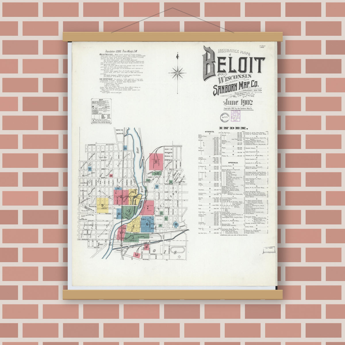 Old map wall art mockup — magnetic wood frame on brick wall — Sanborn Fire Insurance Map from Beloit, Rock County, Wisconsin (1902) - Complete Map Set
