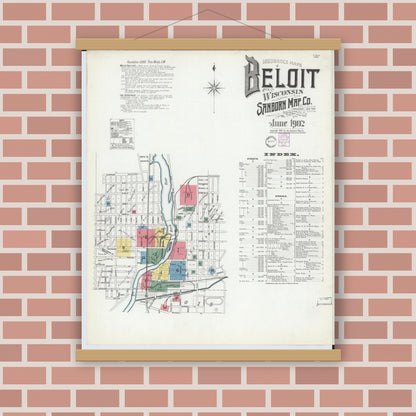 Old map wall art mockup — magnetic wood frame on brick wall — Sanborn Fire Insurance Map from Beloit, Rock County, Wisconsin (1902) - Complete Map Set