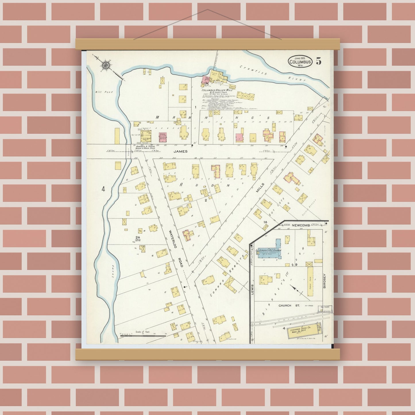 Old map wall art mockup — magnetic wood frame on brick wall — Sanborn Fire Insurance Map from Columbus, Columbia and Dodge County, Wisconsin (1915), Sheet #0005