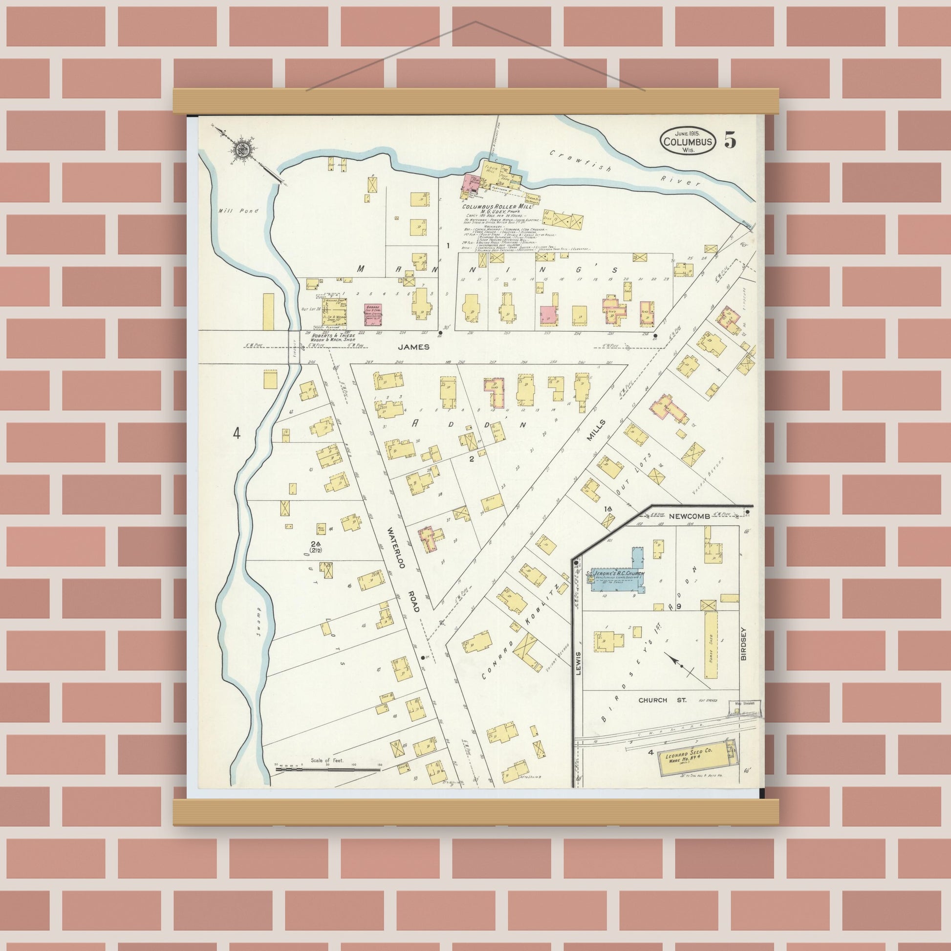 Old map wall art mockup — magnetic wood frame on brick wall — Sanborn Fire Insurance Map from Columbus, Columbia and Dodge County, Wisconsin (1915), Sheet #0005