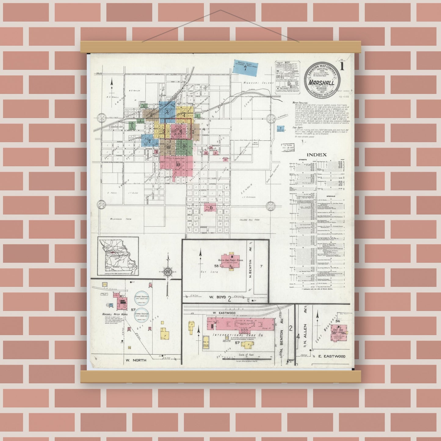 Old map wall art mockup — magnetic wood frame on brick wall — Sanborn Fire Insurance Map from Marshall, Saline County, Missouri (1917), Sheet #0001