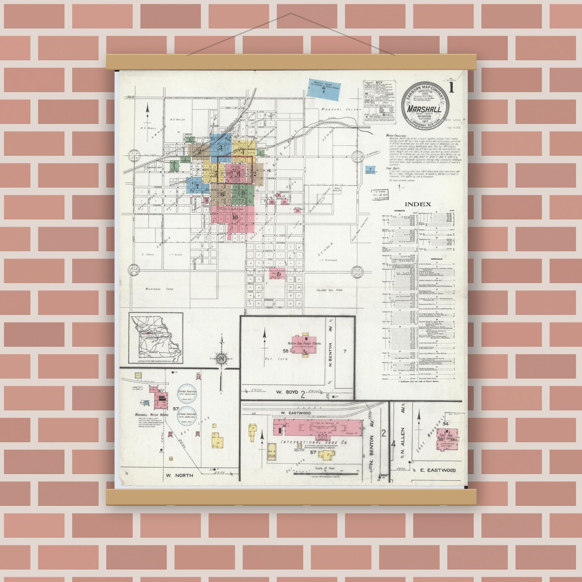 Old map wall art mockup — magnetic wood frame on brick wall — Sanborn Fire Insurance Map from Marshall, Saline County, Missouri (1917), Sheet #0001