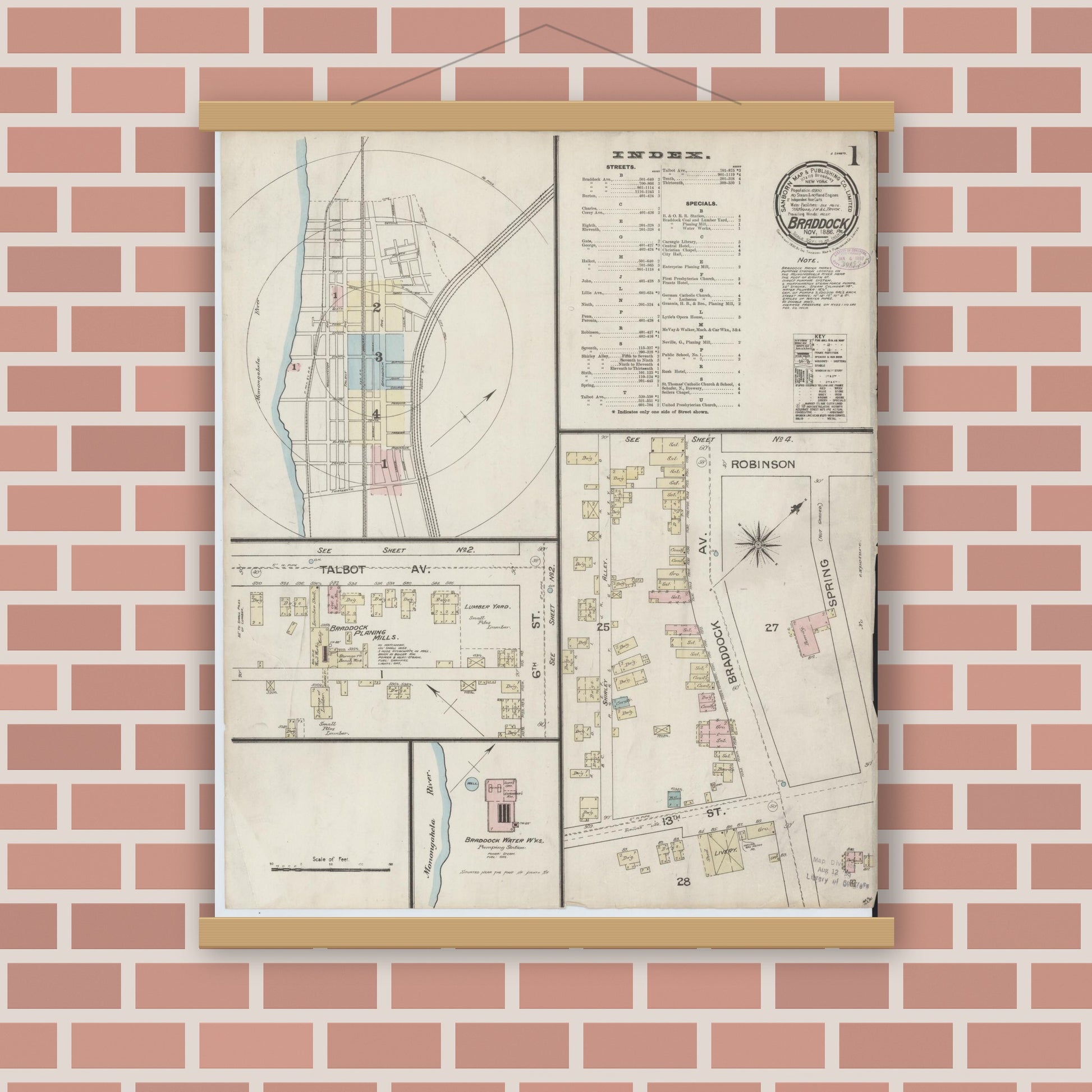 Old map wall art mockup — magnetic wood frame on brick wall — Sanborn Fire Insurance Map from Braddock, Allegheny County, Pennsylvania (1886) - Complete Map Set