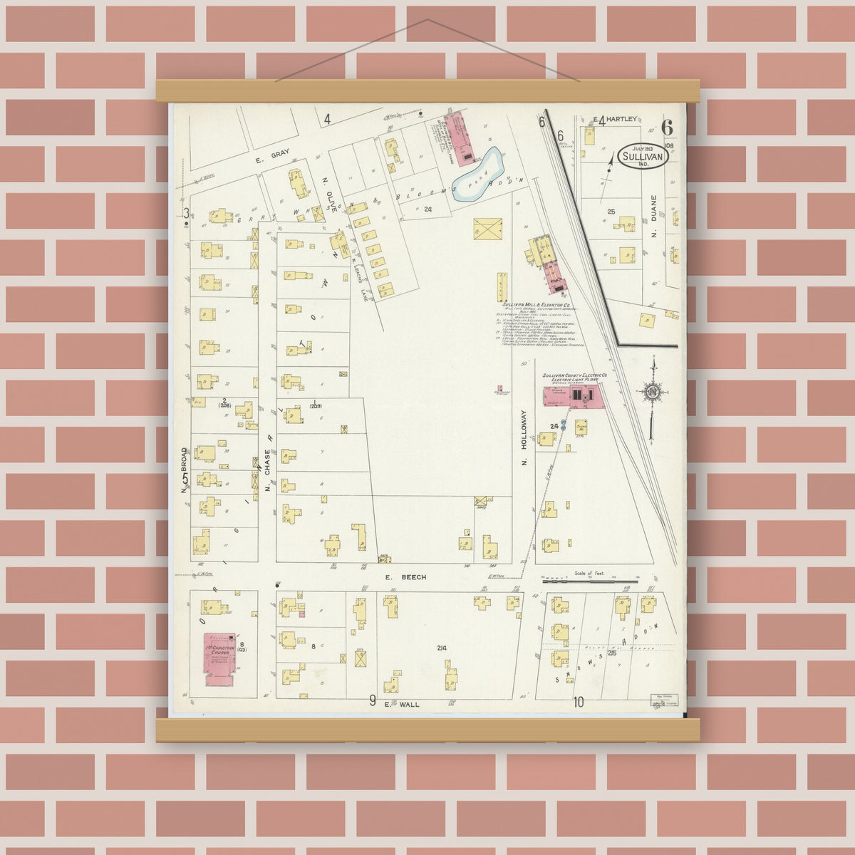 Old map wall art mockup — magnetic wood frame on brick wall — Sanborn Fire Insurance Map from Sullivan, Sullivan County, Indiana (1913), Sheet #0006