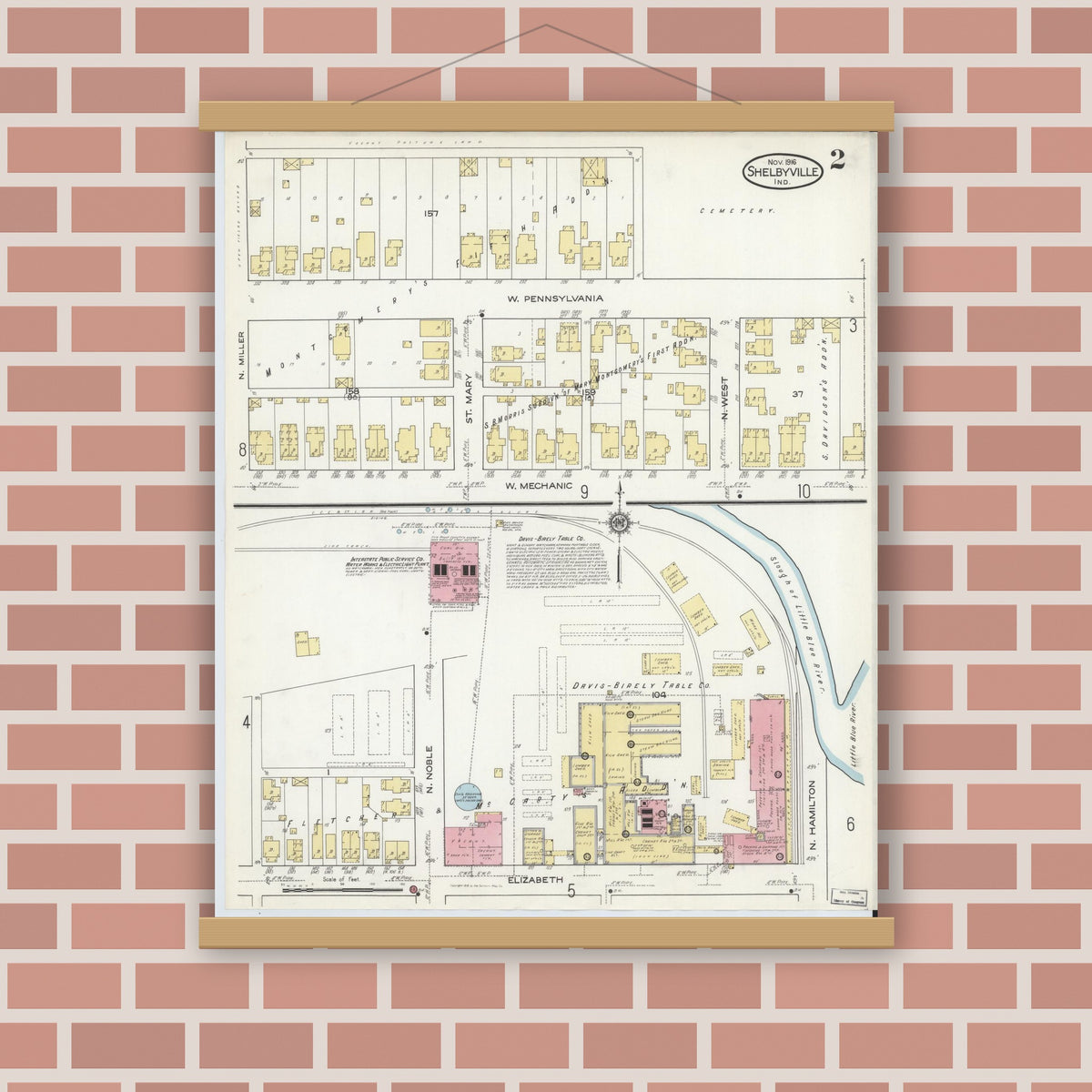 Old map wall art mockup — magnetic wood frame on brick wall — Sanborn Fire Insurance Map from Shelbyville, Shelby County, Indiana (1916), Sheet #0002