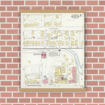 Old map wall art mockup — magnetic wood frame on brick wall — Sanborn Fire Insurance Map from Shelbyville, Shelby County, Indiana (1916), Sheet #0002