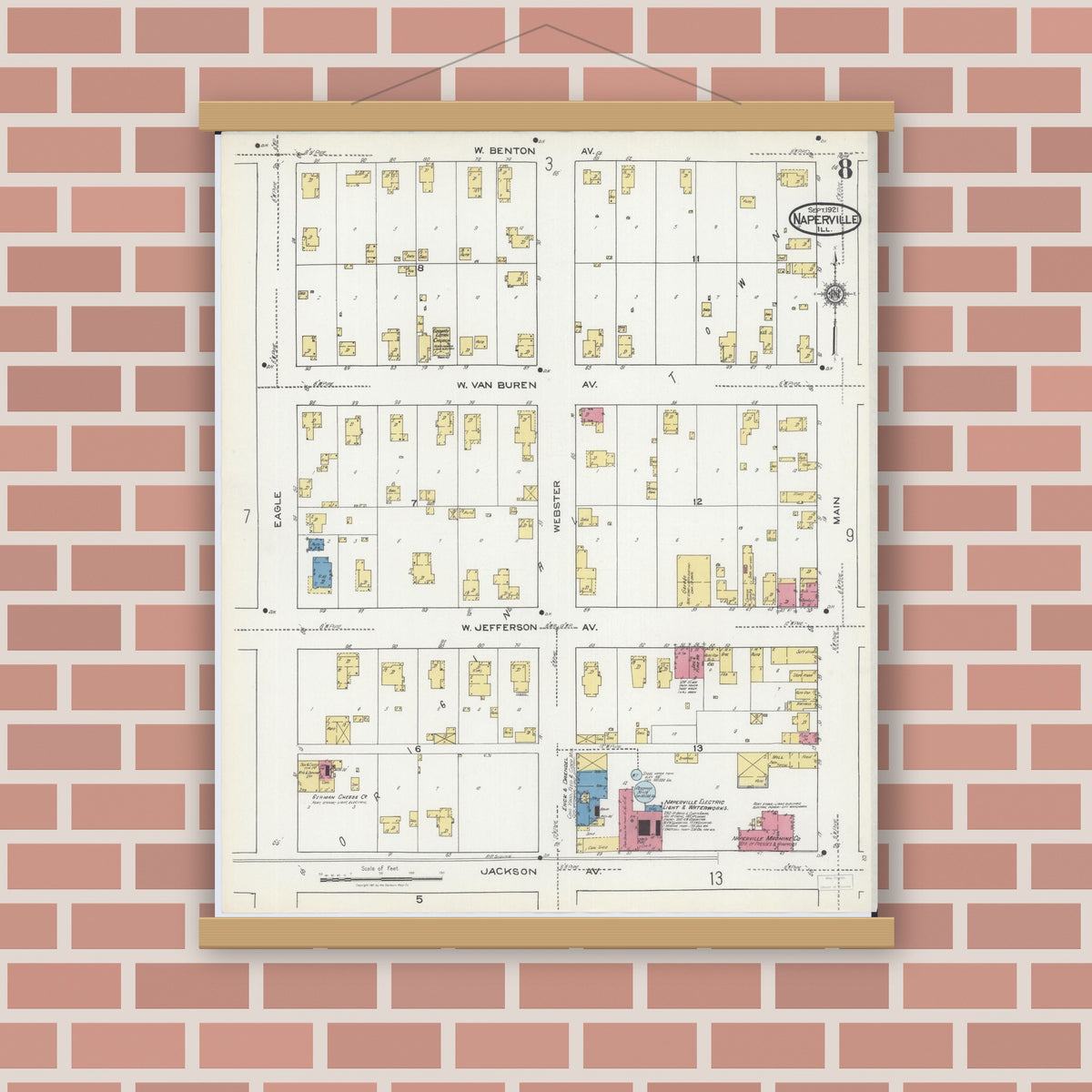 Old map wall art mockup — magnetic wood frame on brick wall — Sanborn Fire Insurance Map from Naperville, Du Page County, Illinois (1921), Sheet #0008