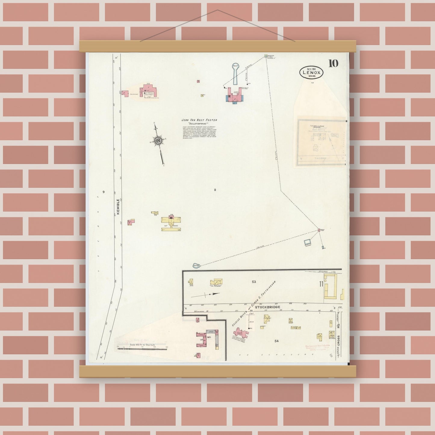 Old map wall art mockup — magnetic wood frame on brick wall — Sanborn Fire Insurance Map from Lenox, Berkshire County, Massachusetts (1939), Sheet #0010