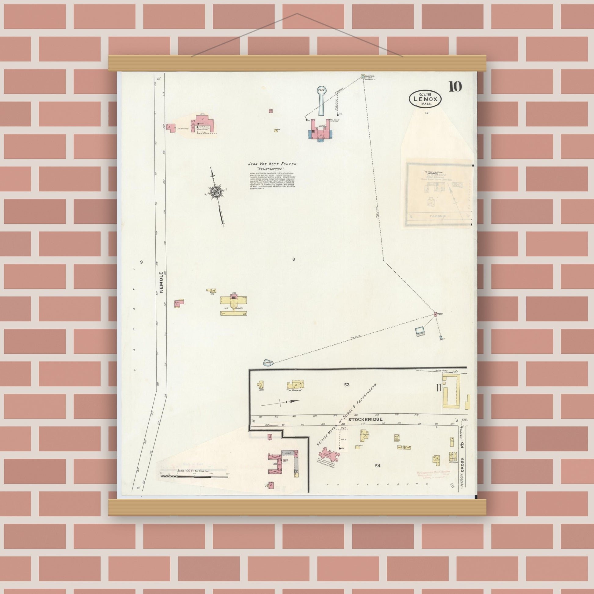 Old map wall art mockup — magnetic wood frame on brick wall — Sanborn Fire Insurance Map from Lenox, Berkshire County, Massachusetts (1939), Sheet #0010