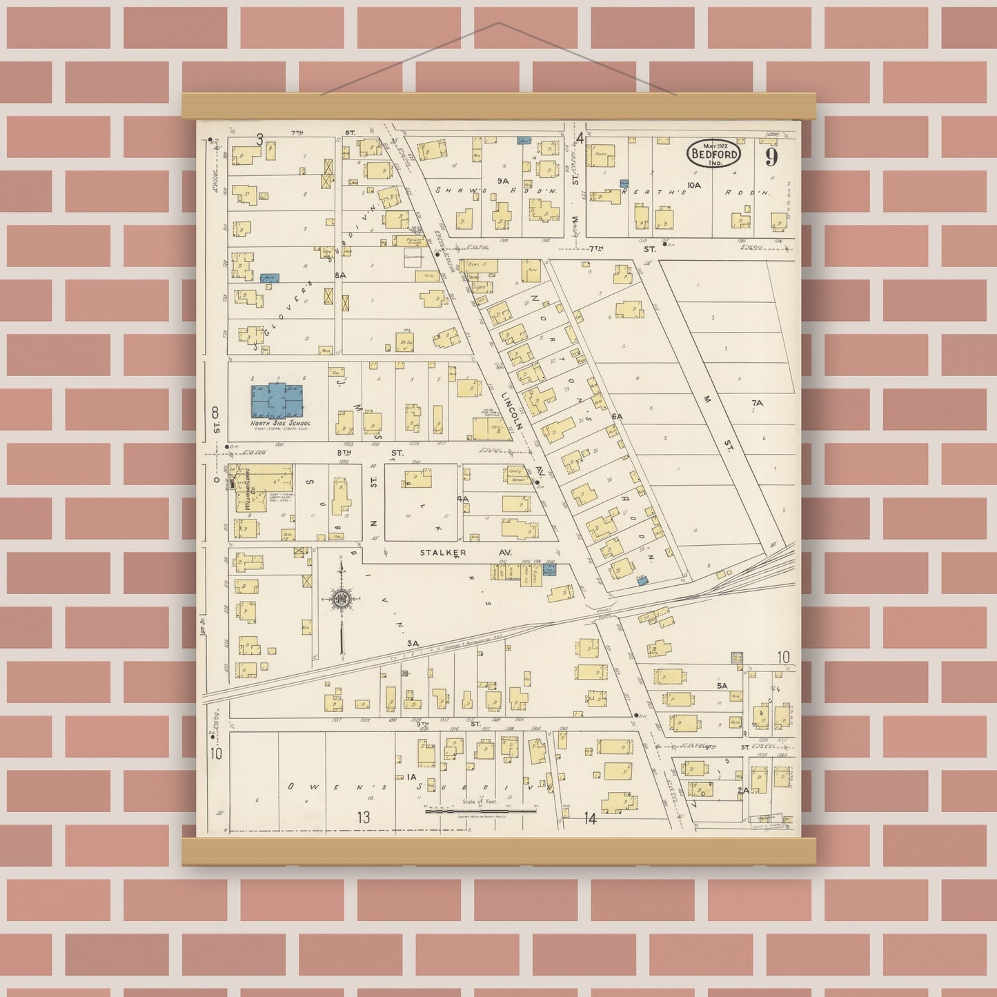 Old map wall art mockup — magnetic wood frame on brick wall — Sanborn Fire Insurance Map from Bedford, Lawrence County, Indiana (1922), Sheet #0009