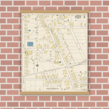 Old map wall art mockup — magnetic wood frame on brick wall — Sanborn Fire Insurance Map from Bedford, Lawrence County, Indiana (1922), Sheet #0009