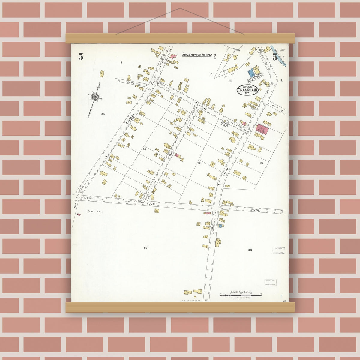 Old map wall art mockup — magnetic wood frame on brick wall — Sanborn Fire Insurance Map from Champlain, Clinton County, New York (1923), Sheet #0005