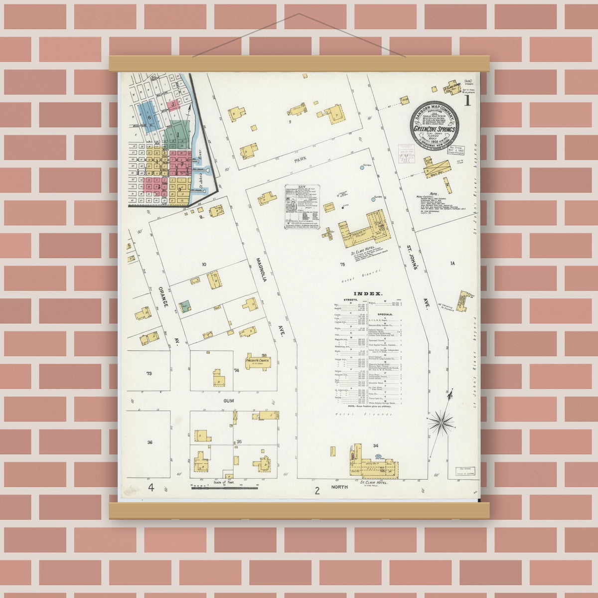 Old map wall art mockup — magnetic wood frame on brick wall — Sanborn Fire Insurance Map from Green Cove Springs, Clay County, Florida (1903) - Complete Map Set