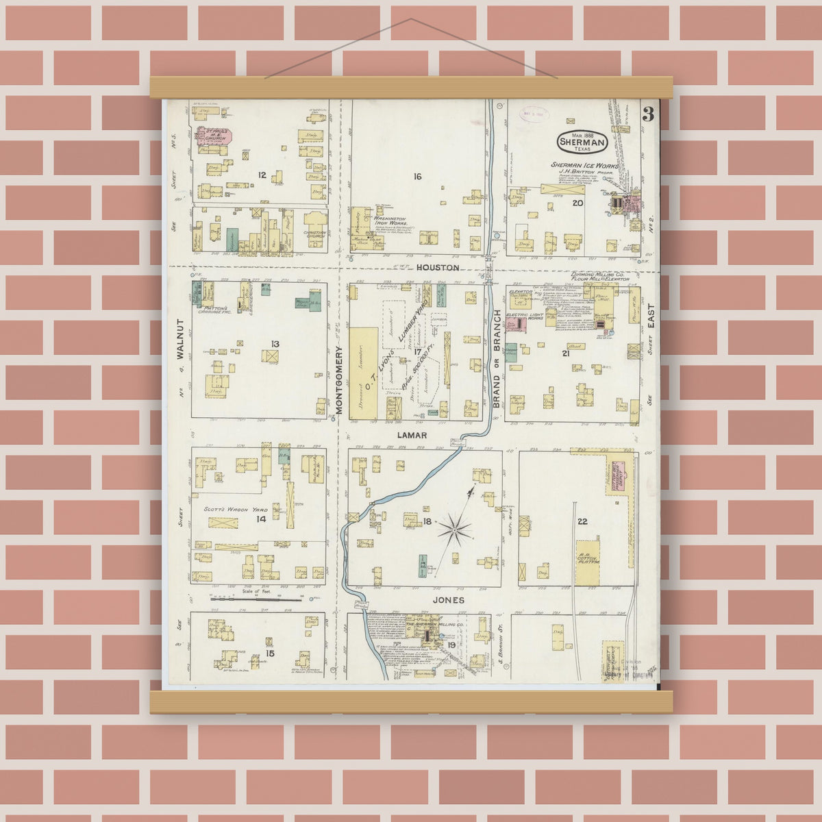 Old map wall art mockup — magnetic wood frame on brick wall — Sanborn Fire Insurance Map from Sherman, Grayson County, Texas (1888), Sheet #0003