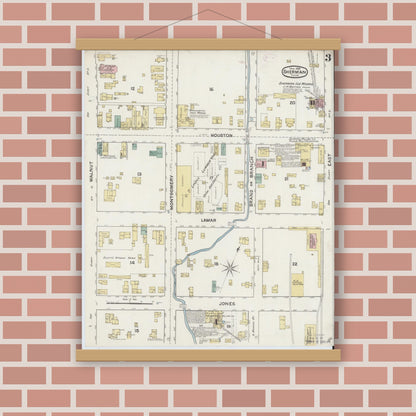 Old map wall art mockup — magnetic wood frame on brick wall — Sanborn Fire Insurance Map from Sherman, Grayson County, Texas (1888), Sheet #0003