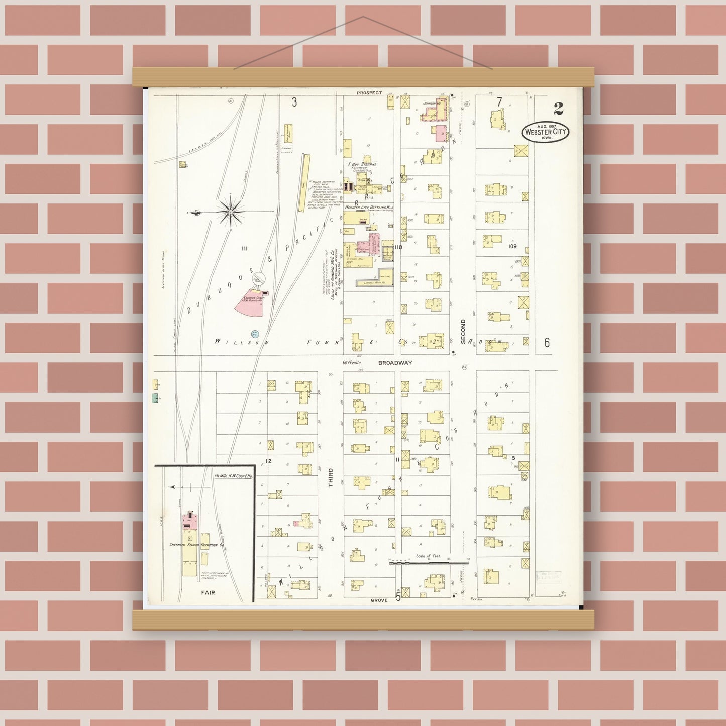 Old map wall art mockup — magnetic wood frame on brick wall — Sanborn Fire Insurance Map from Webster City, Hamilton County, Iowa (1907), Sheet #0002