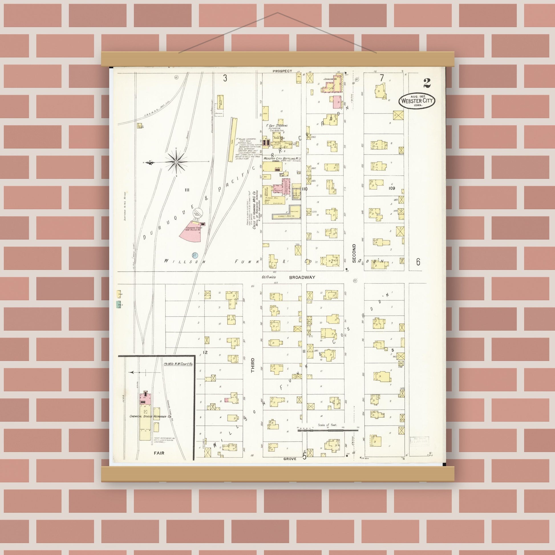 Old map wall art mockup — magnetic wood frame on brick wall — Sanborn Fire Insurance Map from Webster City, Hamilton County, Iowa (1907), Sheet #0002