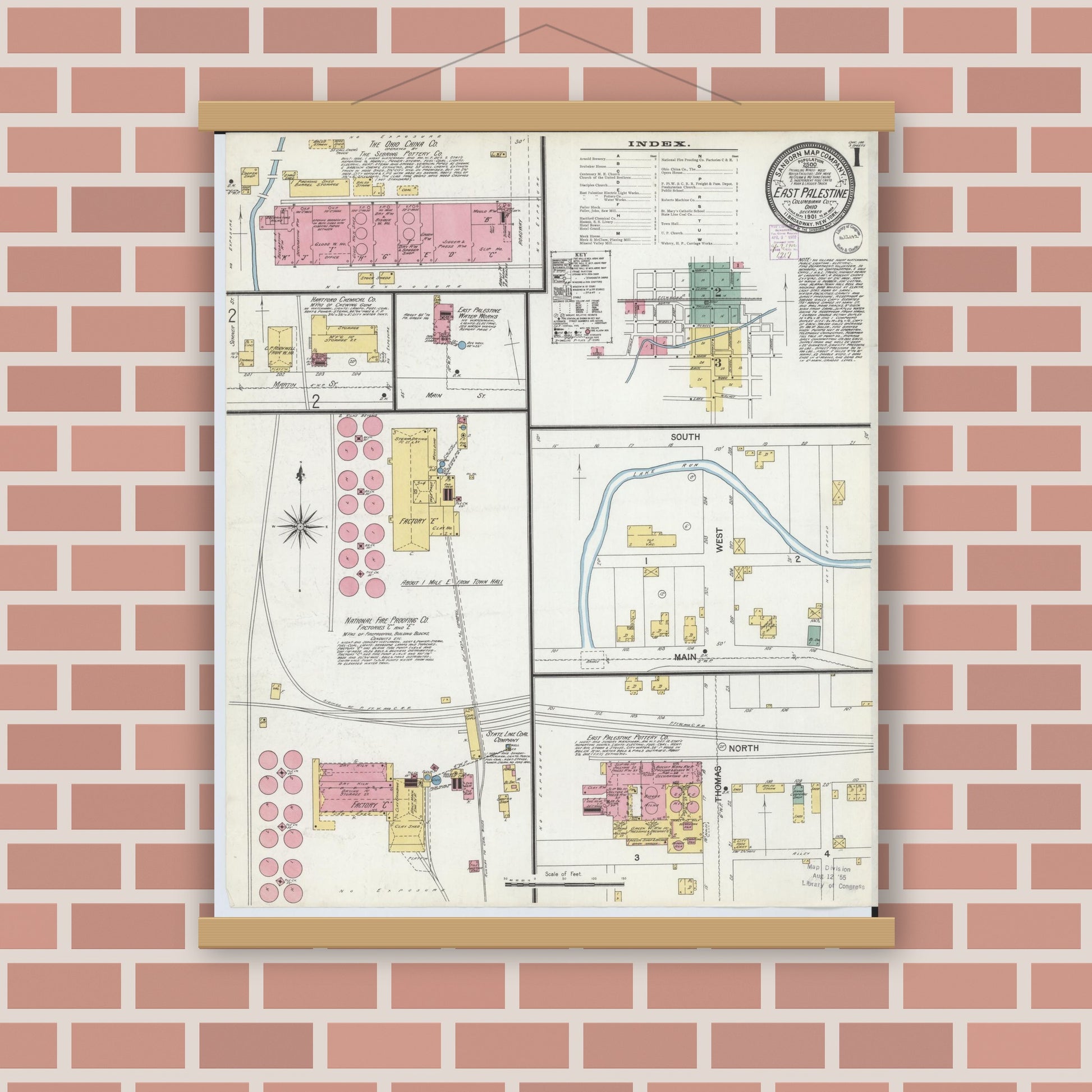 Old map wall art mockup — magnetic wood frame on brick wall — Sanborn Fire Insurance Map from East Palestine, Columbiana County, Ohio (1901) - Complete Map Set