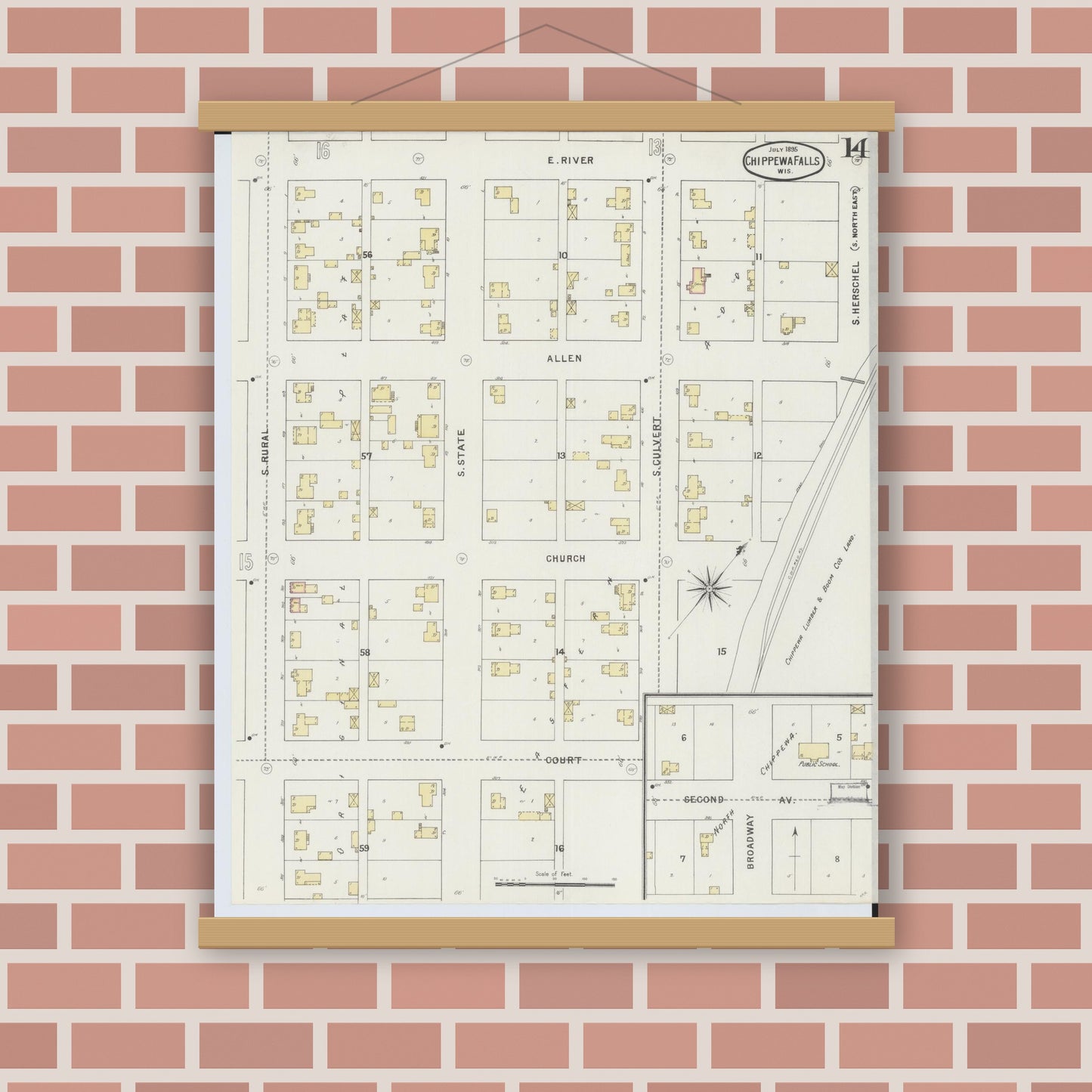 Old map wall art mockup — magnetic wood frame on brick wall — Sanborn Fire Insurance Map from Chippewa Falls, Chippewa County, Wisconsin (1895), Sheet #0014